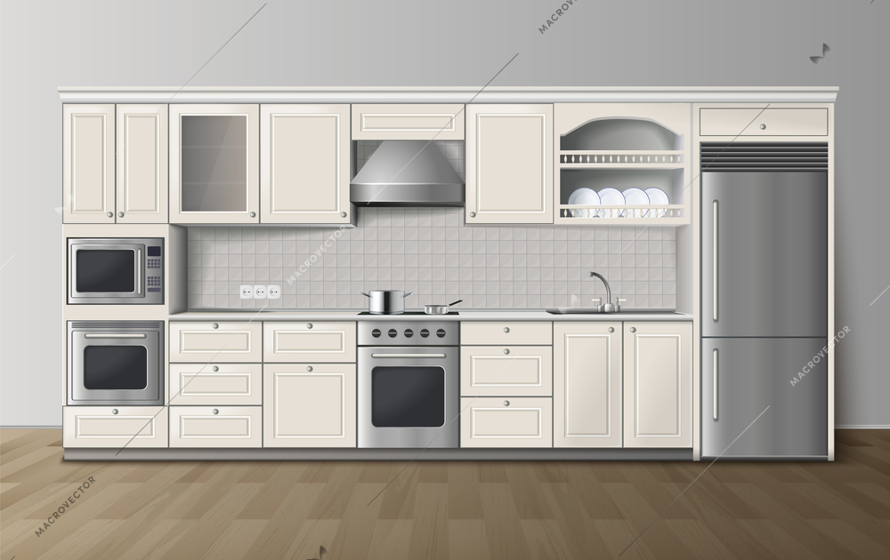 Modern luxury kitchen white cabinets with built-in cooker and refrigerator realistic side view image vector illustration