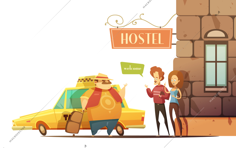 Hostel design concept in cartoon style with managers welcoming tourist coming out of car on corner of building flat vector illustration