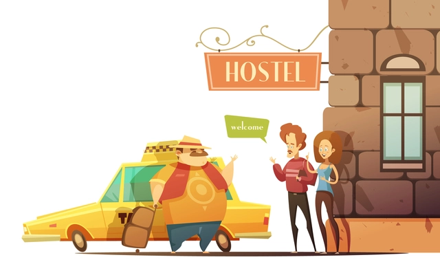 Hostel design concept in cartoon style with managers welcoming tourist coming out of car on corner of building flat vector illustration