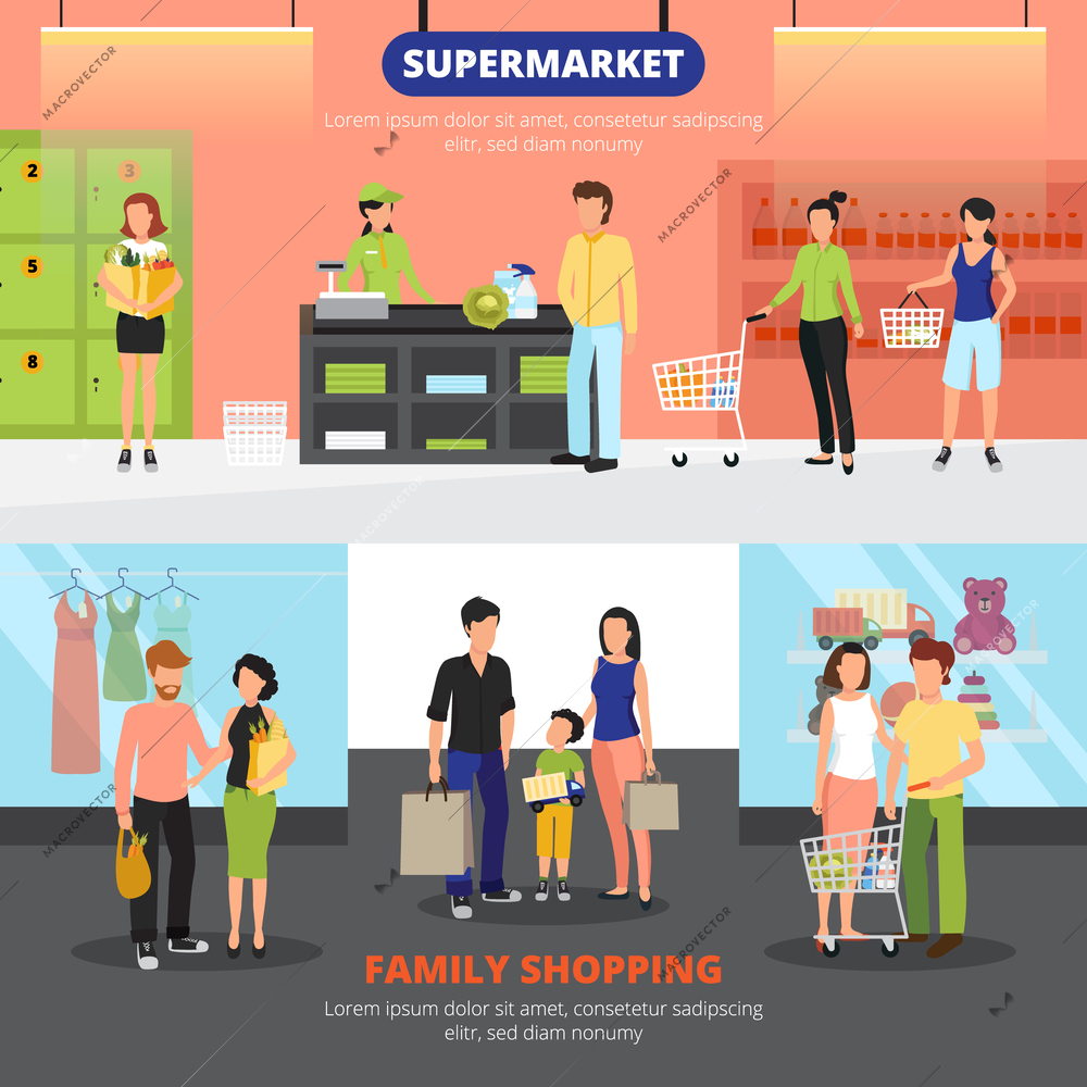 Shopping people horizontal banners set with family shopping symbols flat isolated vector illustration