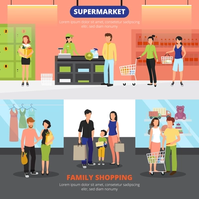 Shopping people horizontal banners set with family shopping symbols flat isolated vector illustration