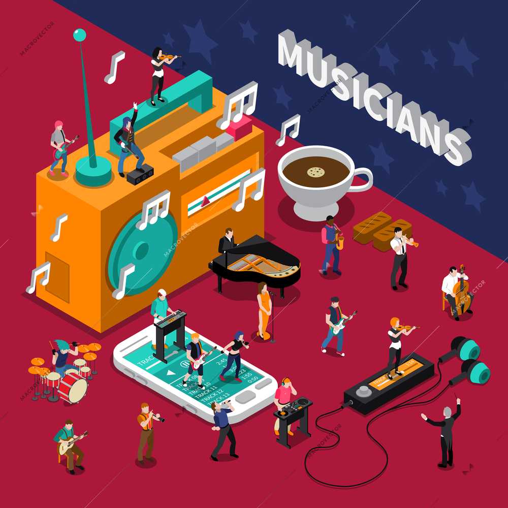 Abstract isometric composition with musicians people and music listening devices vector illustration