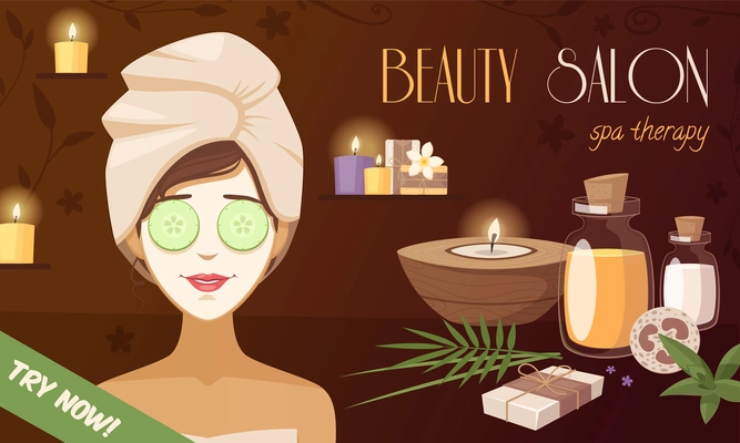 Spa beauty salon cartoon template with woman mask organic natural healthy accessories vector illustration