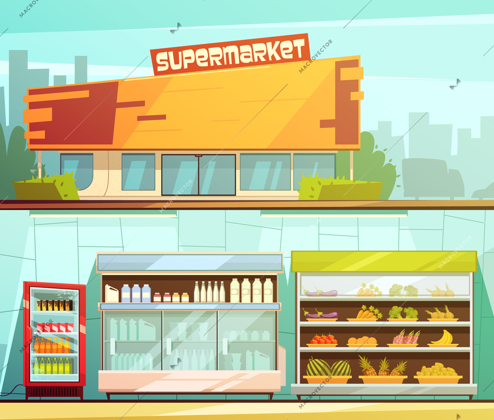 Supermarket building entrance street view and groceries dairy shelves indoor 2 retro cartoon banners set isolated vector illustration