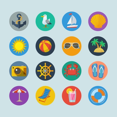 Summer sea holidays icons with anchor seagull yacht seashell sun ball palm isolated vector illustration