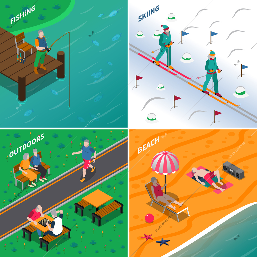 Elderly people spending time outdoors in different places 2x2 icons set isometric isolated vector illustration