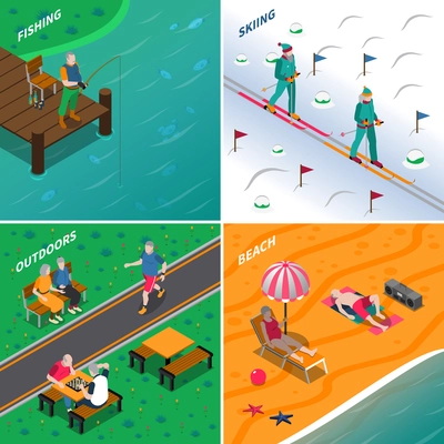 Elderly people spending time outdoors in different places 2x2 icons set isometric isolated vector illustration