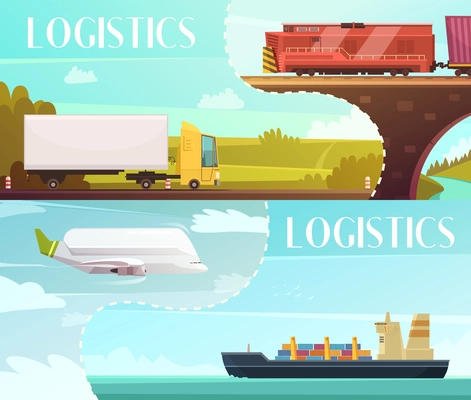 Logistics cartoon horizontal banners set with delivery symbols isolated vector illustration