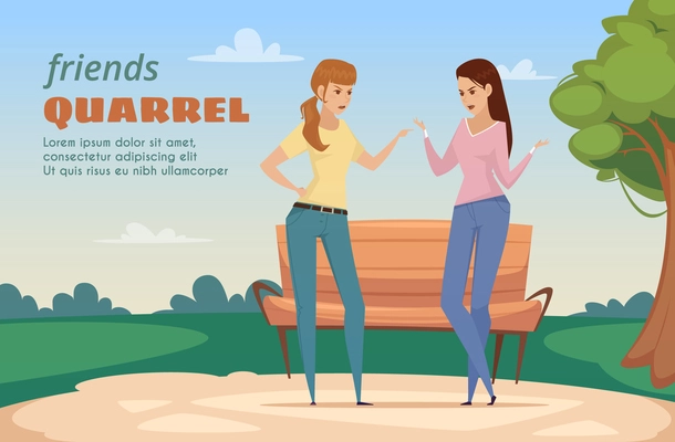 Friends dispute template with two angry ladies in park in flat style vector illustration