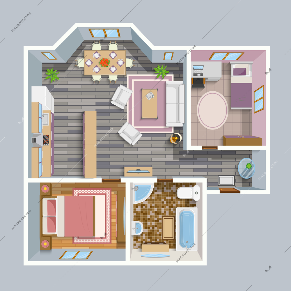 Architectural flat plan top view with living rooms bathroom kitchen and lounge furniture vector illustration