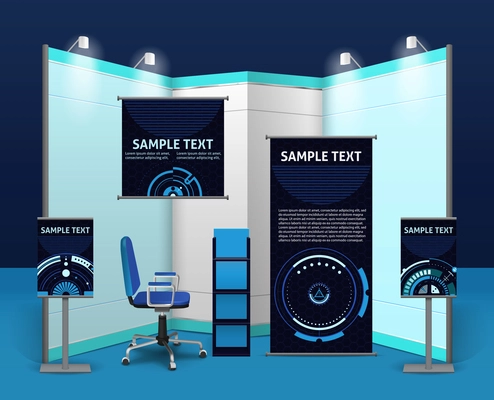 Promotional exhibition stand template with advertising objects and elements in blue corporate style isolated vector illustration
