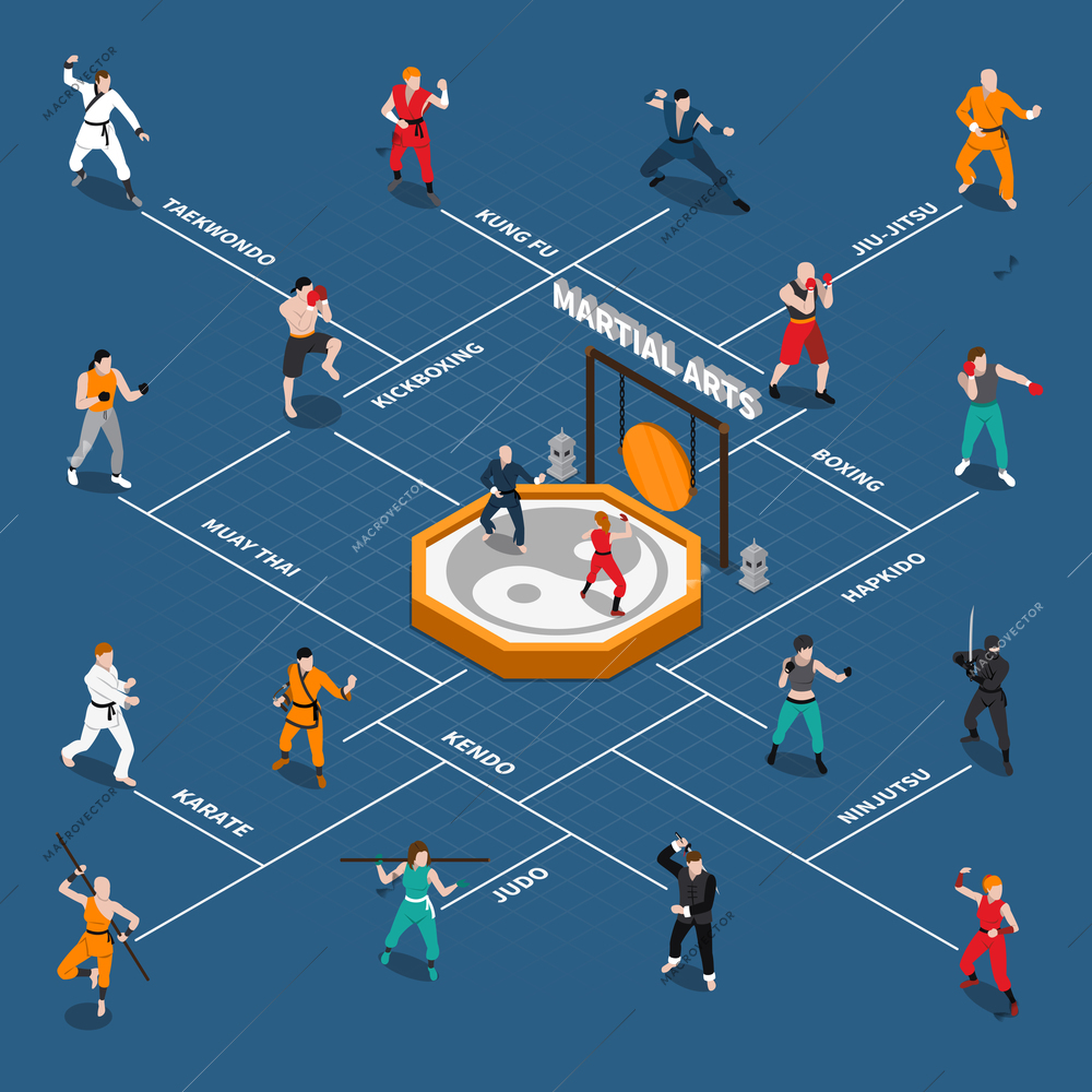 Isometric flowchart with people fighters doing various types of eastern and european martial arts vector illustration