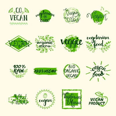 Vegan elements set of green labels logos and signs in retro style isolated vector illustration