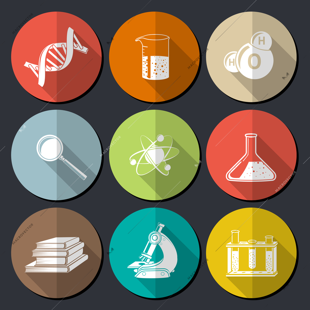 Flat science symbols set with dna structure magnifier books isolated vector illustration