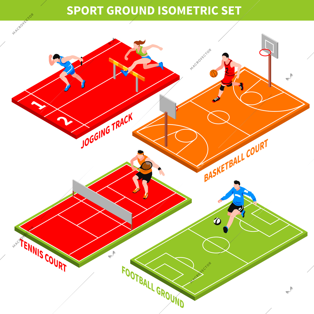 Isometric concept with jogging track and colorful courts and grounds for various sport games isolated on white background vector illustration