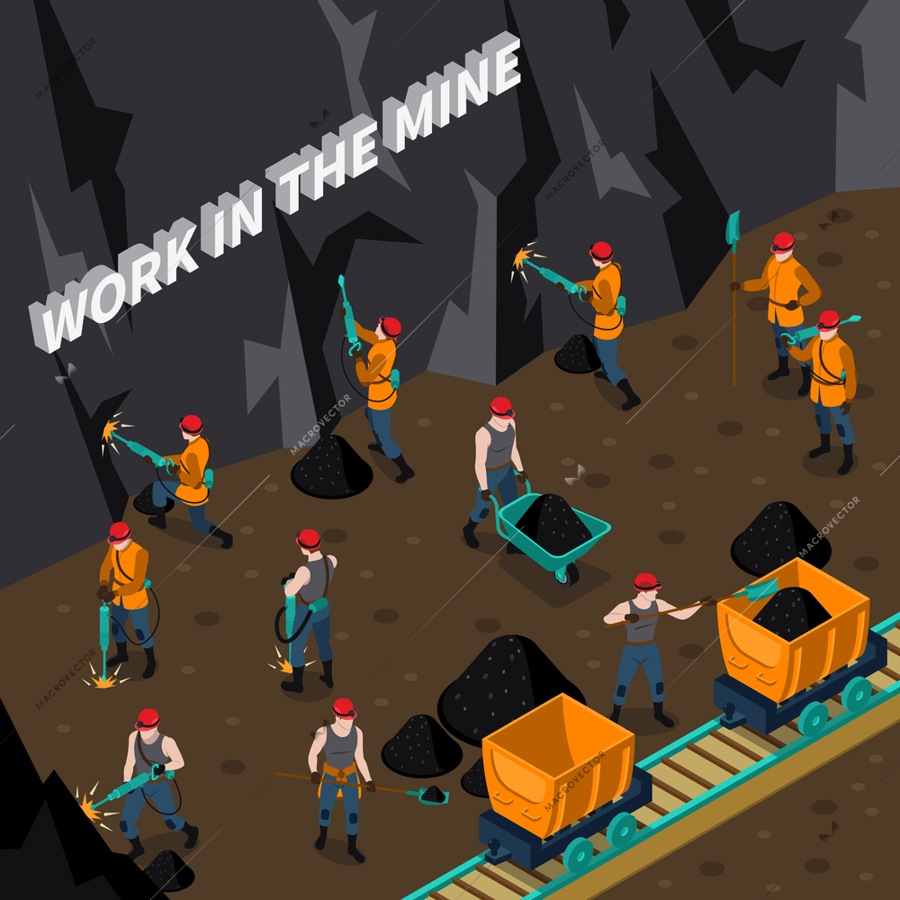 Coal industry isometric composition with miner people working in mine vector illustration