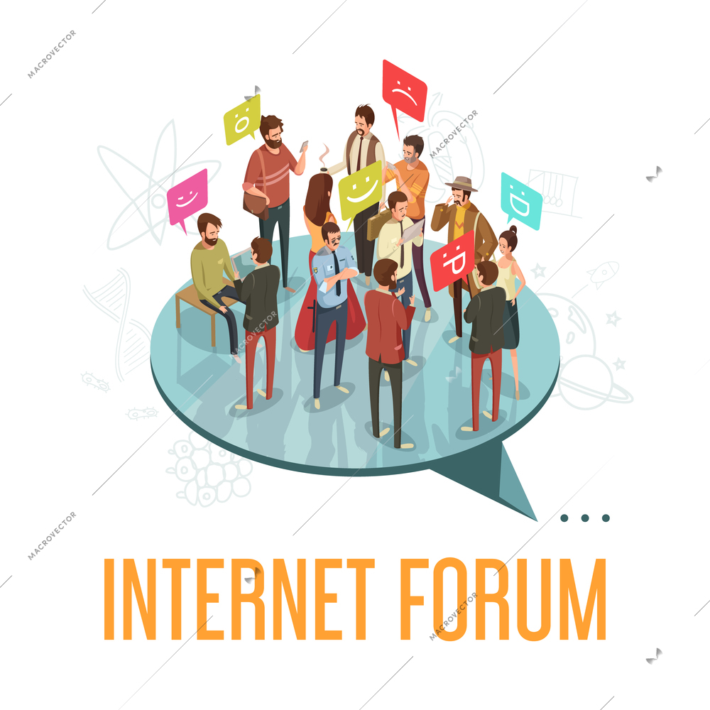 Internet forum society with communicating people concept isometric vector illustration