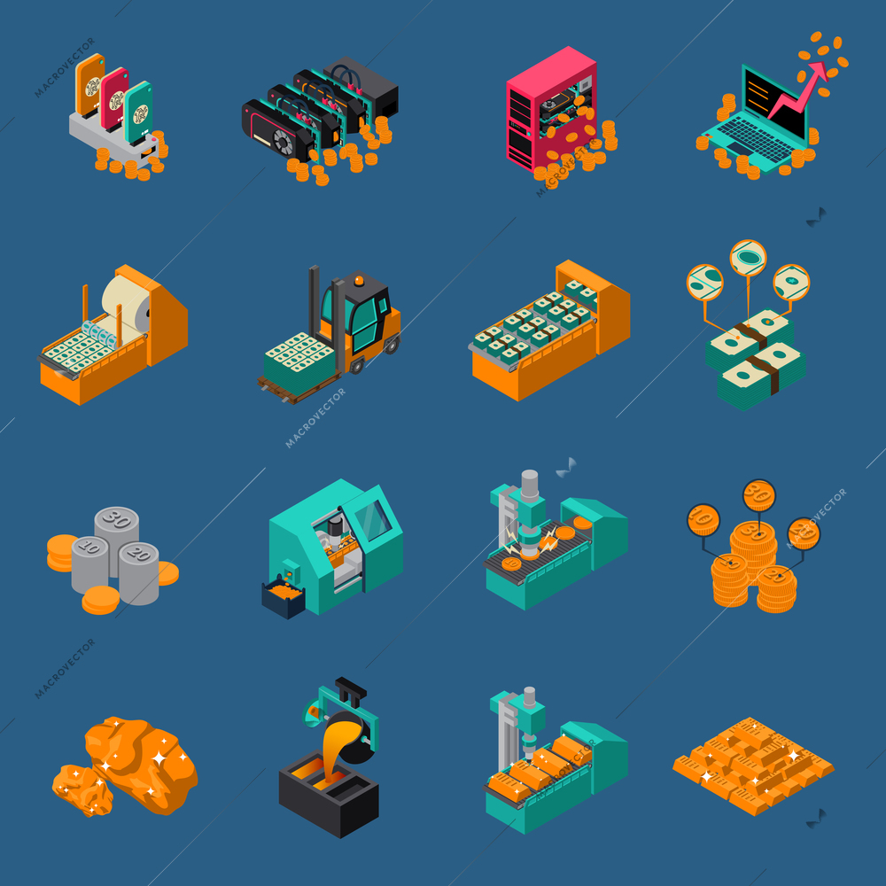 Money manufacturing isometric icons of gold production equipment and dollar printing press isolated vector illustration