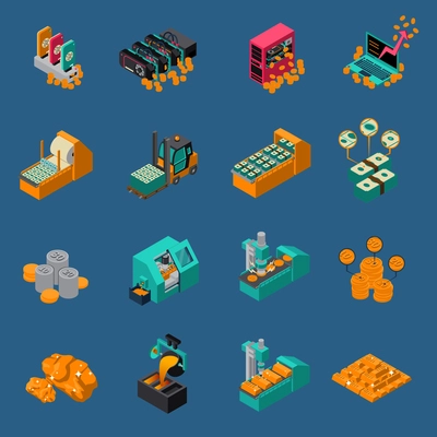 Money manufacturing isometric icons of gold production equipment and dollar printing press isolated vector illustration