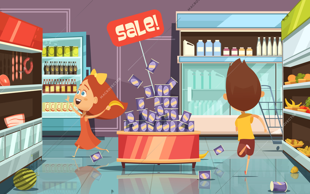 Running kids in a shop with mess food and drinks cartoon vector illustration