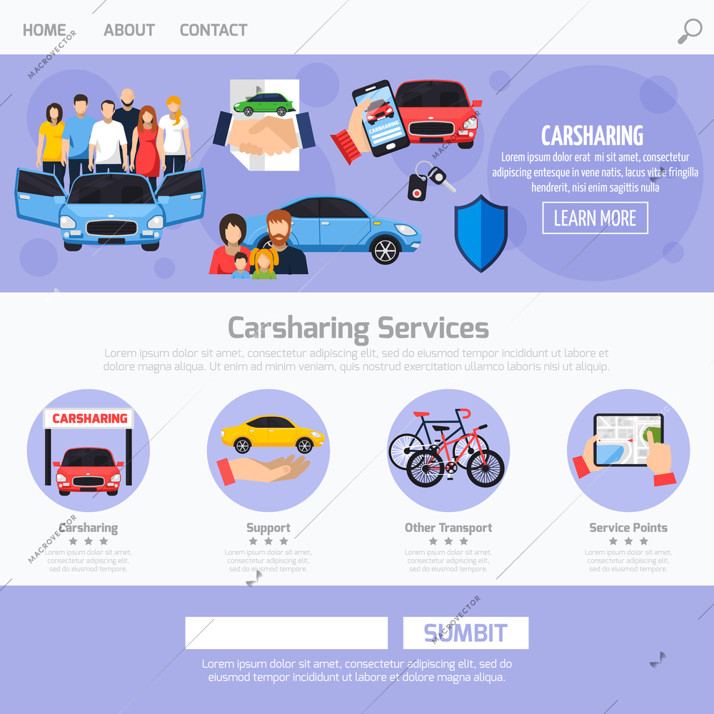 Carsharing service web template layout with different buttons steps and colorful icons in flat style vector illustration