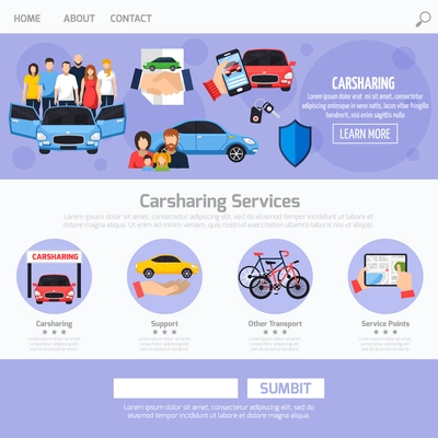 Carsharing service web template layout with different buttons steps and colorful icons in flat style vector illustration