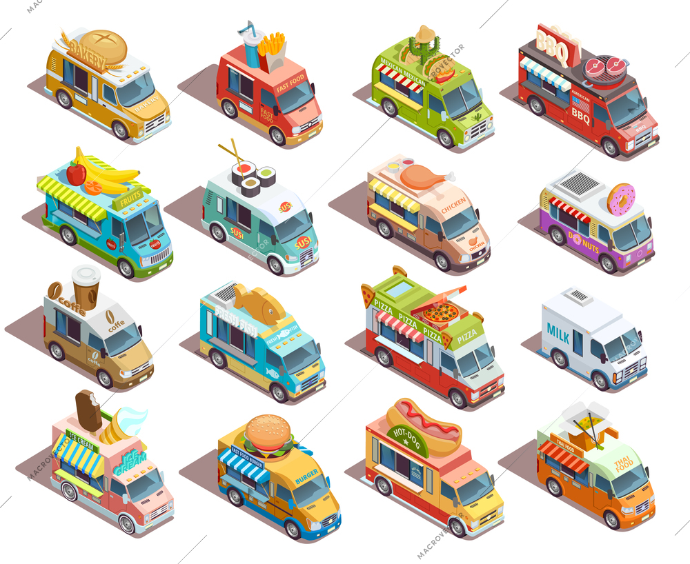 Street food trucks models isometric icons collection with coffee pizza bbq and fresh fruits sellers isolated vector illustration