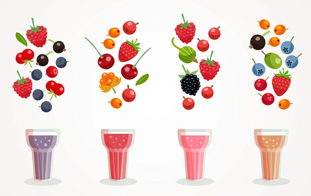Berry smoothies glasses composition with images of ingredients included in each drink flat vector illustration