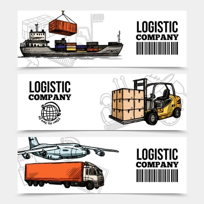 Logistics horizontal banners with different transport vehicles in hand drawn style vector illustration