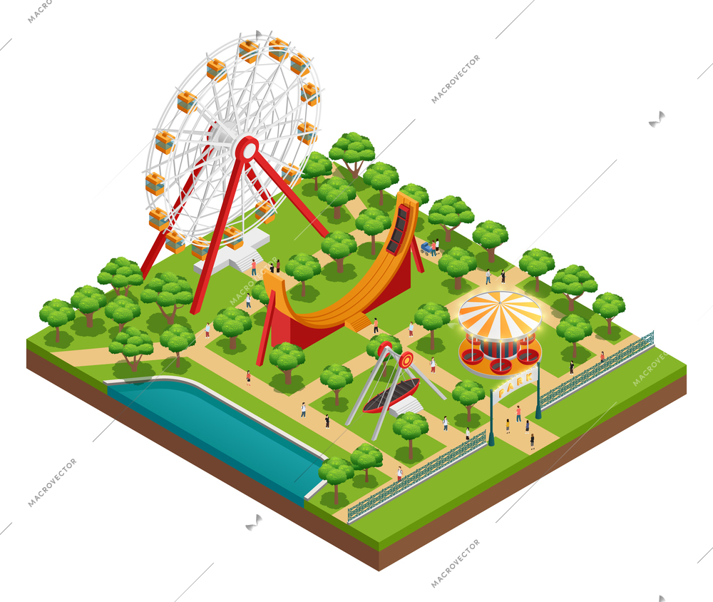 Amusement park isometric composition with carousel and ferris wheel symbols vector illustration