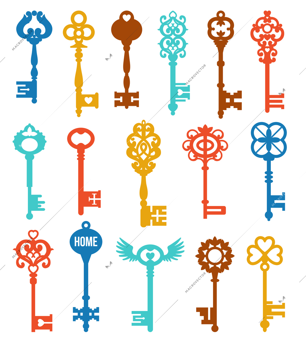 Colorful keys set of different shape ornament and secrecy in vintage style isolated vector illustration