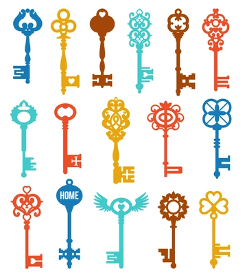 Colorful keys set of different shape ornament and secrecy in vintage style isolated vector illustration