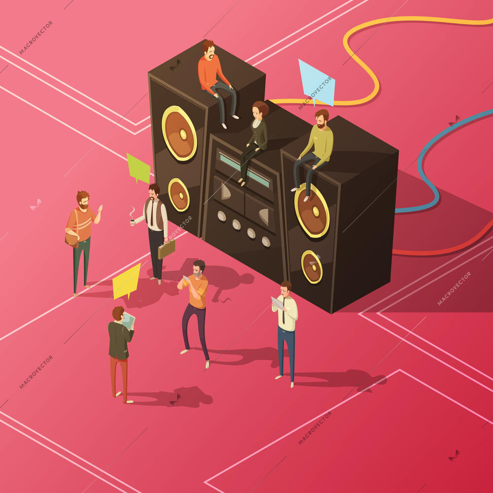 Isometric design concept with big image of music center and group of young people listening to music and communicating  vector illustration