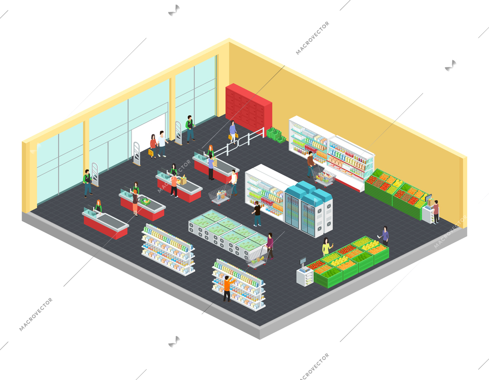 Supermarket isometric composition with food and drink symbols vector illustration