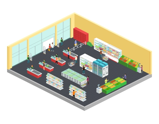 Supermarket isometric composition with food and drink symbols vector illustration