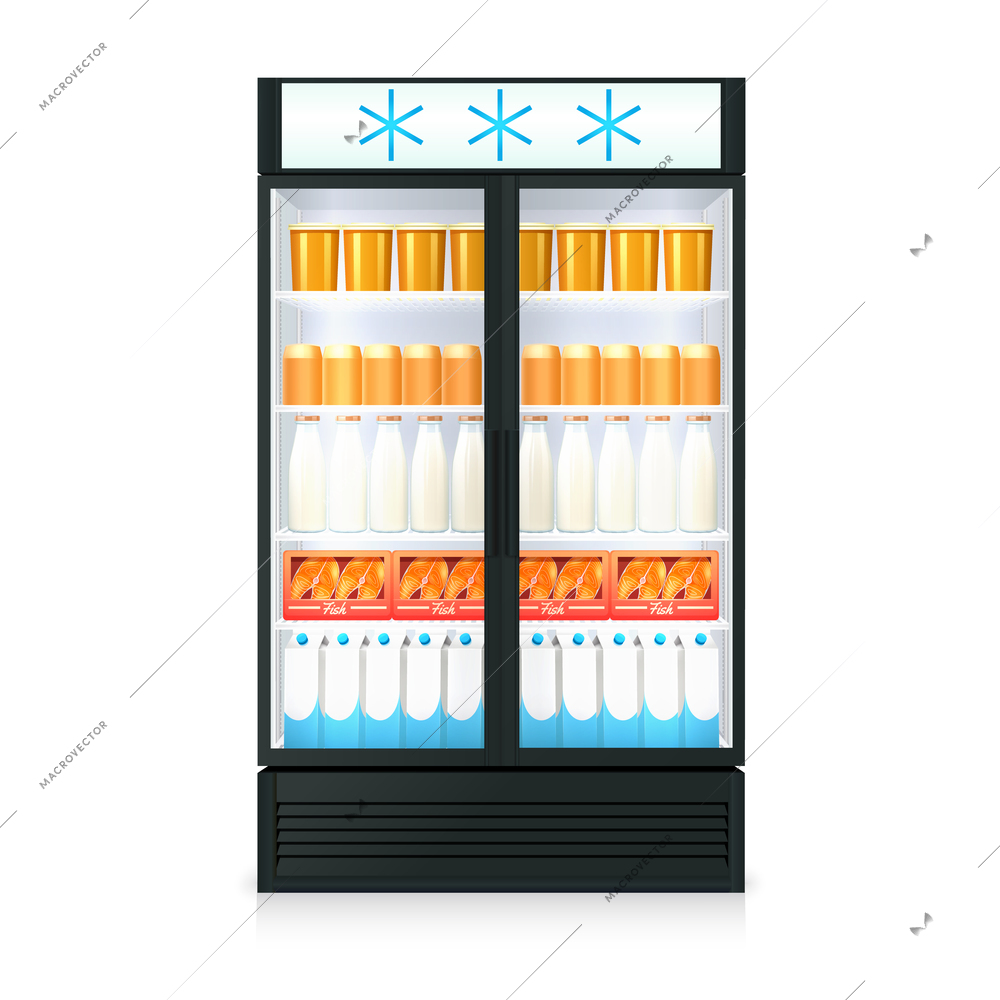 Freezer realistic template with food drink bottles cartons and glass door isolated vector illustration