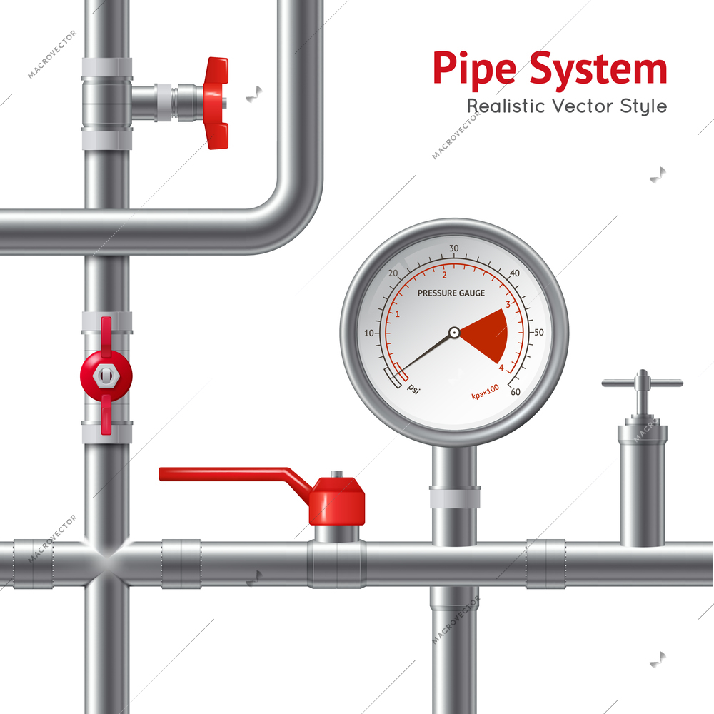 Plastic pipe system with pressure gauge realistic background vector illustration