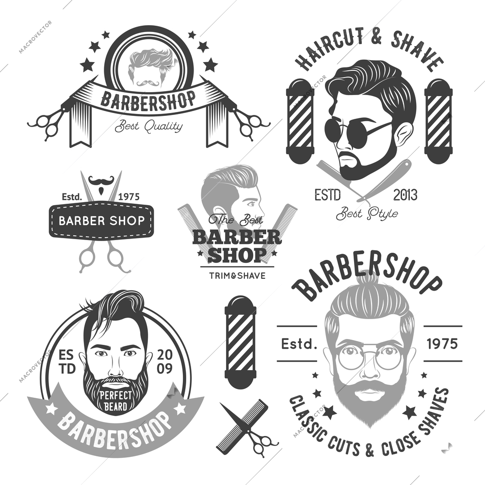 Barbershop monochrome emblems with different men beards hairstyles and hairdresser accessories isolated vector illustration