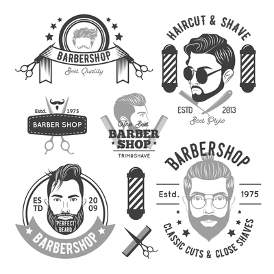 Barbershop monochrome emblems with different men beards hairstyles and hairdresser accessories isolated vector illustration