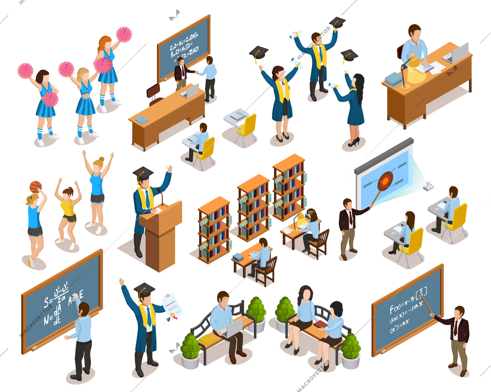 College university students writing on blackboard studying in library cheerleading and graduating isometric icons collection vector illustration