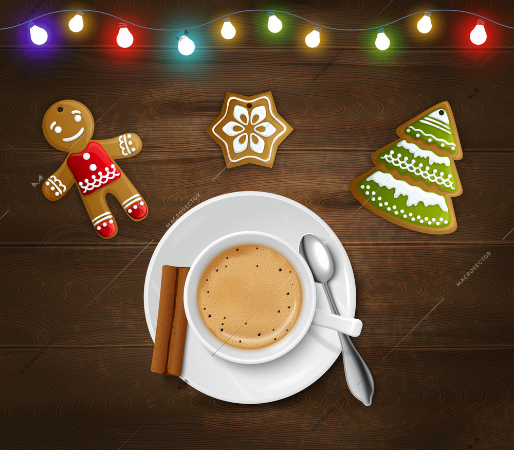 Christmas and New Year poster with light garland gingerbread cookies and cup of coffee vector illustration