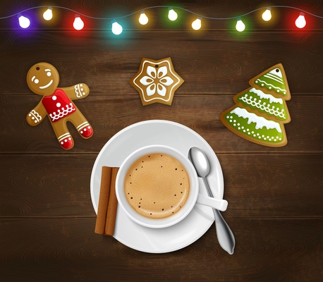 Christmas and New Year poster with light garland gingerbread cookies and cup of coffee vector illustration