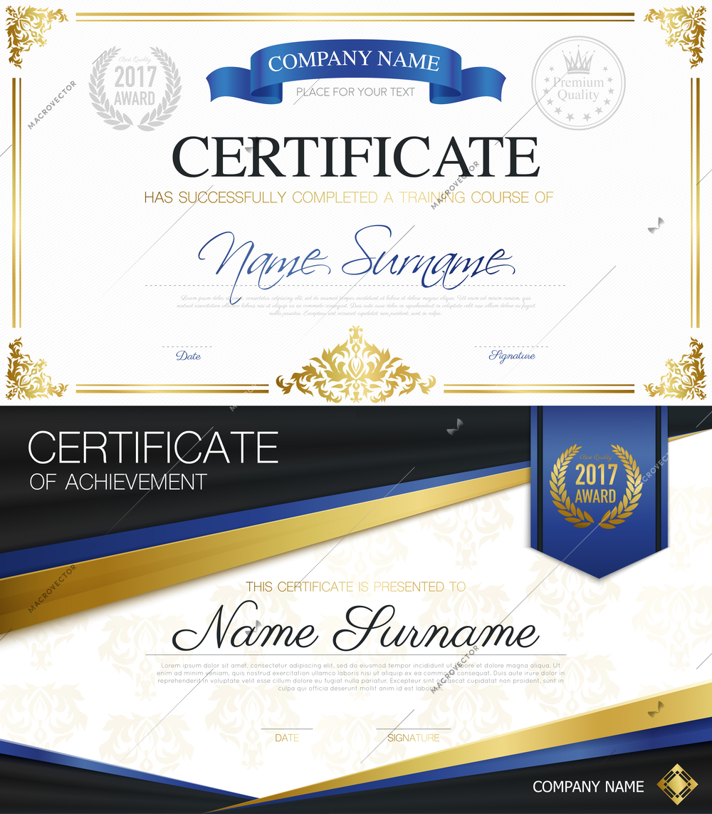 Classic elegant certificates collection of achievement and completion with ribbons and place for text vector illustration