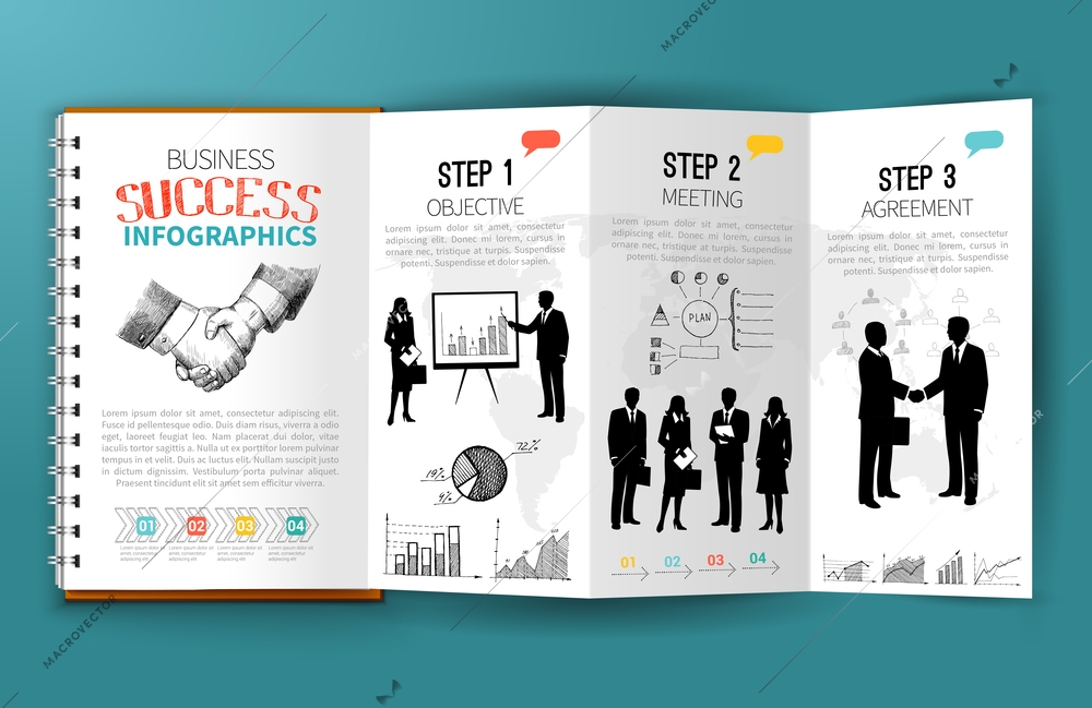 Business infographics paper brochure template with executive and employees silhouettes and sketch charts vector illustration