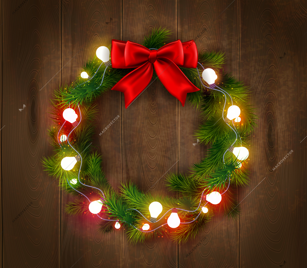 Christmas wreath template with light garland and red bow on wooden background isolated vector illustration