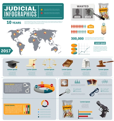 Criminal law and common civil justice system flat infographic presentation poster with international crime map vector illustrations