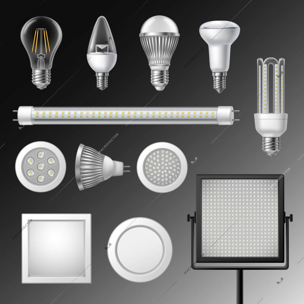 Realistic led lamps of different size and shape set isolated vector illustration