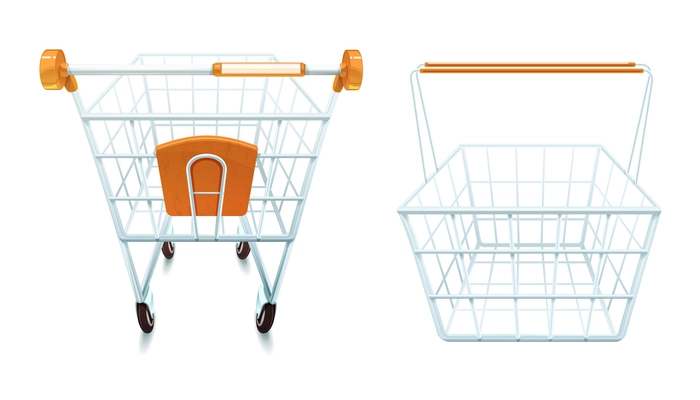 Empty metal shopping cart and basket set realistic isolated vector illustration