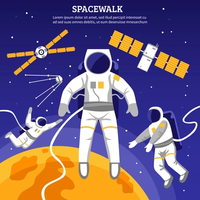 Satellites and three astronauts having spacewalk flat vector illustration
