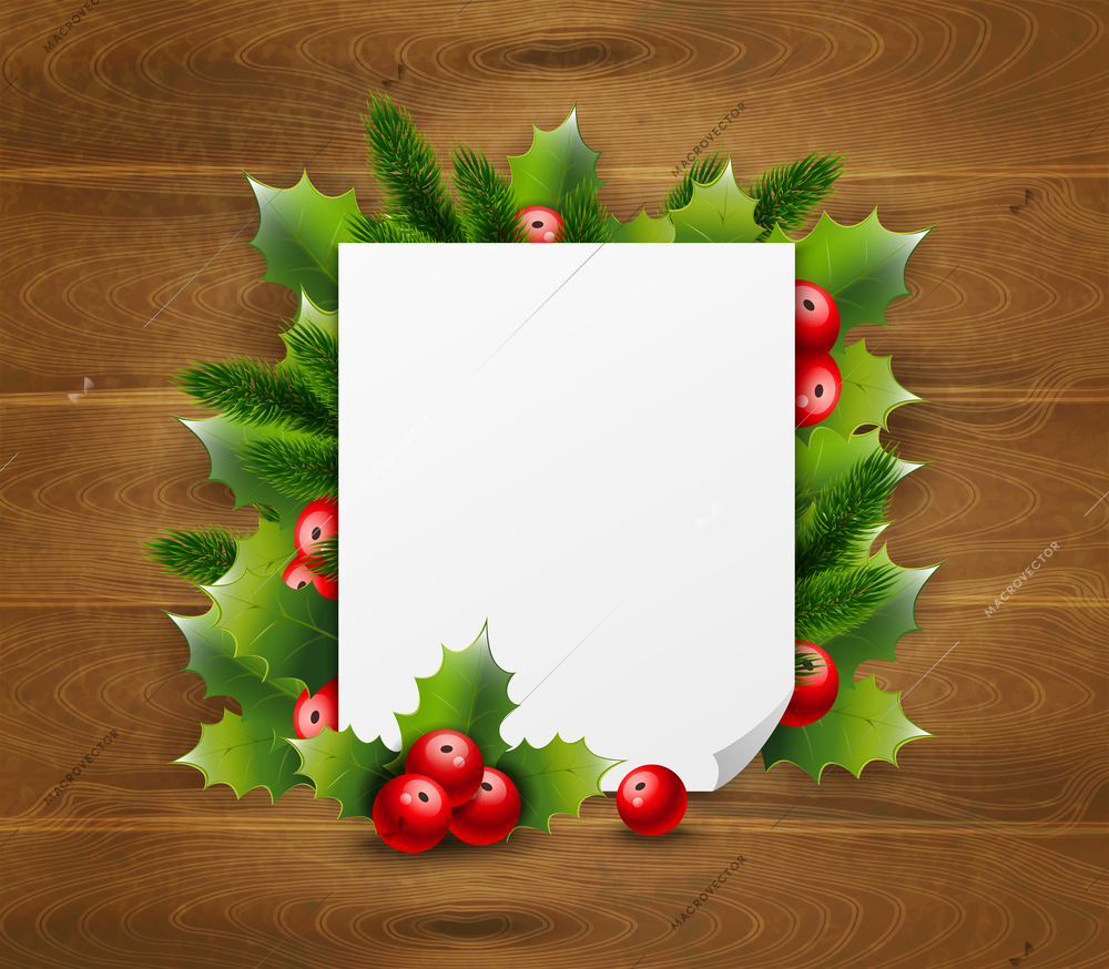 Decorative greeting template with Christmas thorn and blank paper on wooden background vector illustration